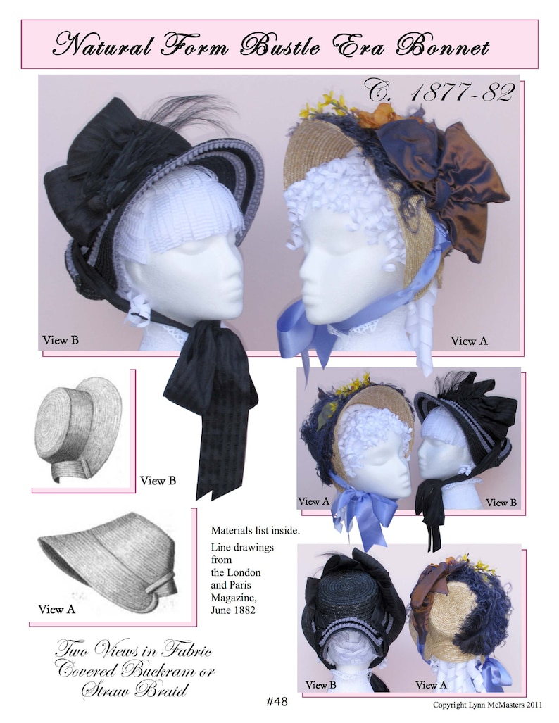 Vintage Hats | Old Fashioned Hats | Retro Hats     Victorian 1877-82 Natural Form Bustle Era Bonnet Sewing Pattern by Lynn McMasters #48 $12.95 AT vintagedancer.com