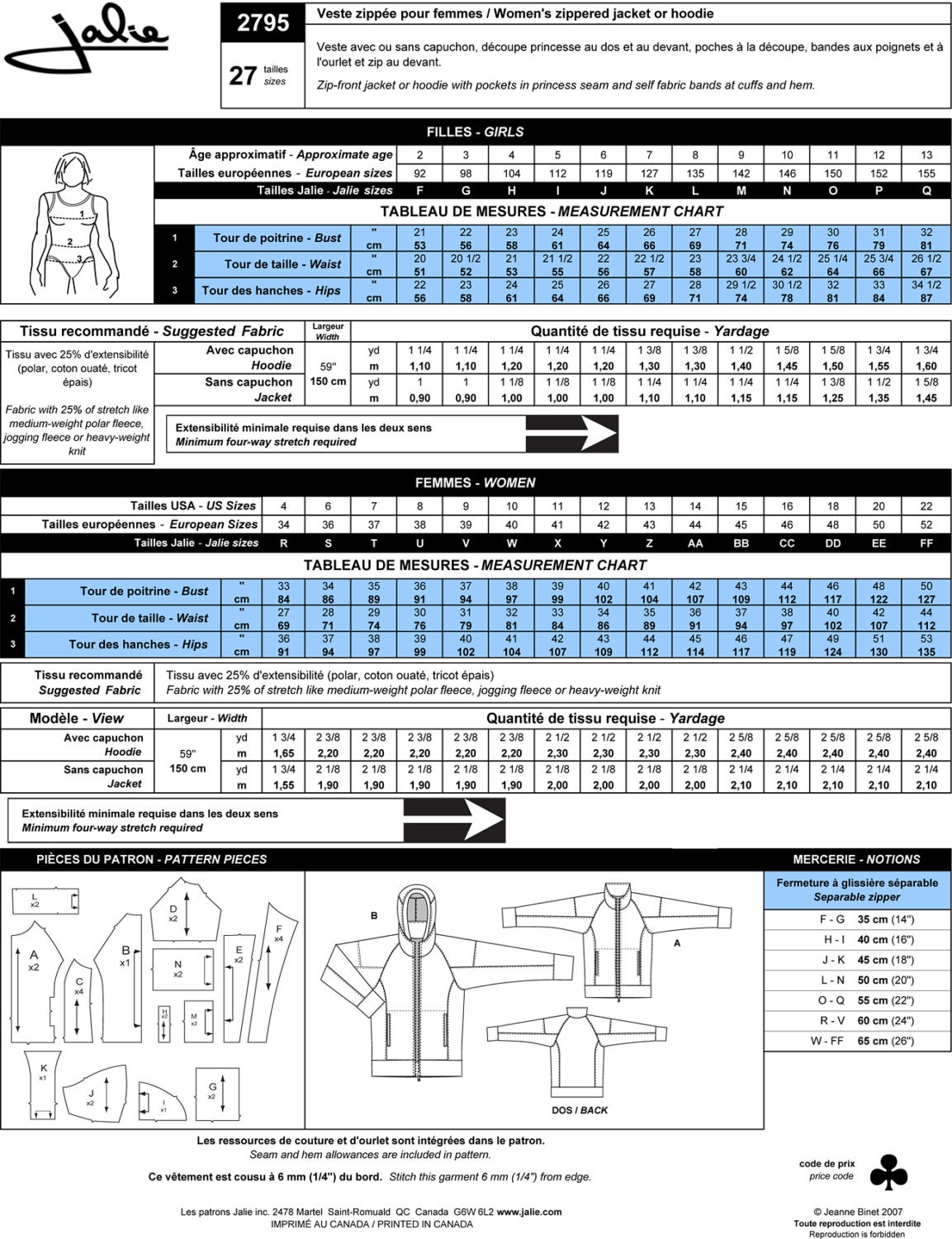 Jalie Zip-front Jacket or Hoodie Sewing Pattern #2795 in 27 Sizes for ...