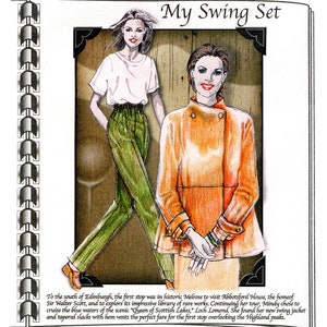May include: Two women wearing different outfits. One woman is wearing a white t-shirt, green pants, and brown shoes. The other woman is wearing a long orange jacket, a white skirt, and brown shoes. The background is a wooden wall with a black frame.