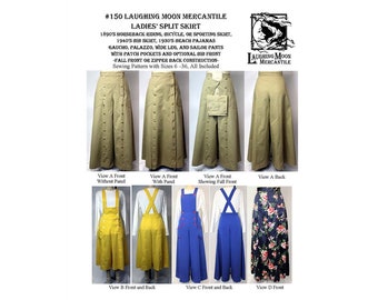 Ladies Split Skirt w/Optional Bib Front sizes 6-36 Riding Skirt, Palazzo, Wide Leg, 1890s - 1940s Style Laughing Moon Sewing Pattern # 150
