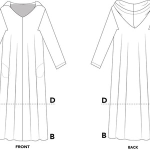 May include: Line drawing of a long-sleeved hooded dress, front and back views. The dress has a V-neck, pockets, and a flowing skirt. The hood is a simple, rounded design. The illustration is in black and white.