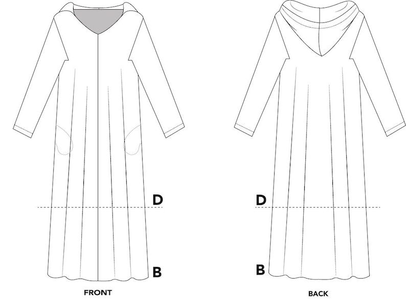 May include: Line drawing of a long-sleeved hooded dress, front and back views. The dress has a V-neck, pockets, and a flowing skirt. The hood is a simple, rounded design. The illustration is in black and white.