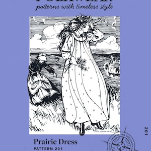 May include: A black and white illustration of a girl wearing a prairie dress with a floral pattern. The illustration is from a vintage sewing pattern for a prairie dress. The pattern number is 201.