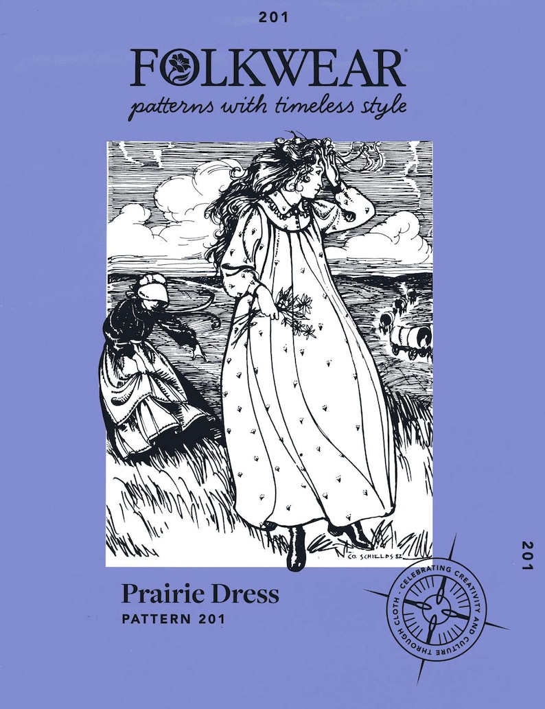 May include: A black and white illustration of a girl wearing a prairie dress with a floral pattern. The illustration is from a vintage sewing pattern for a prairie dress. The pattern number is 201.