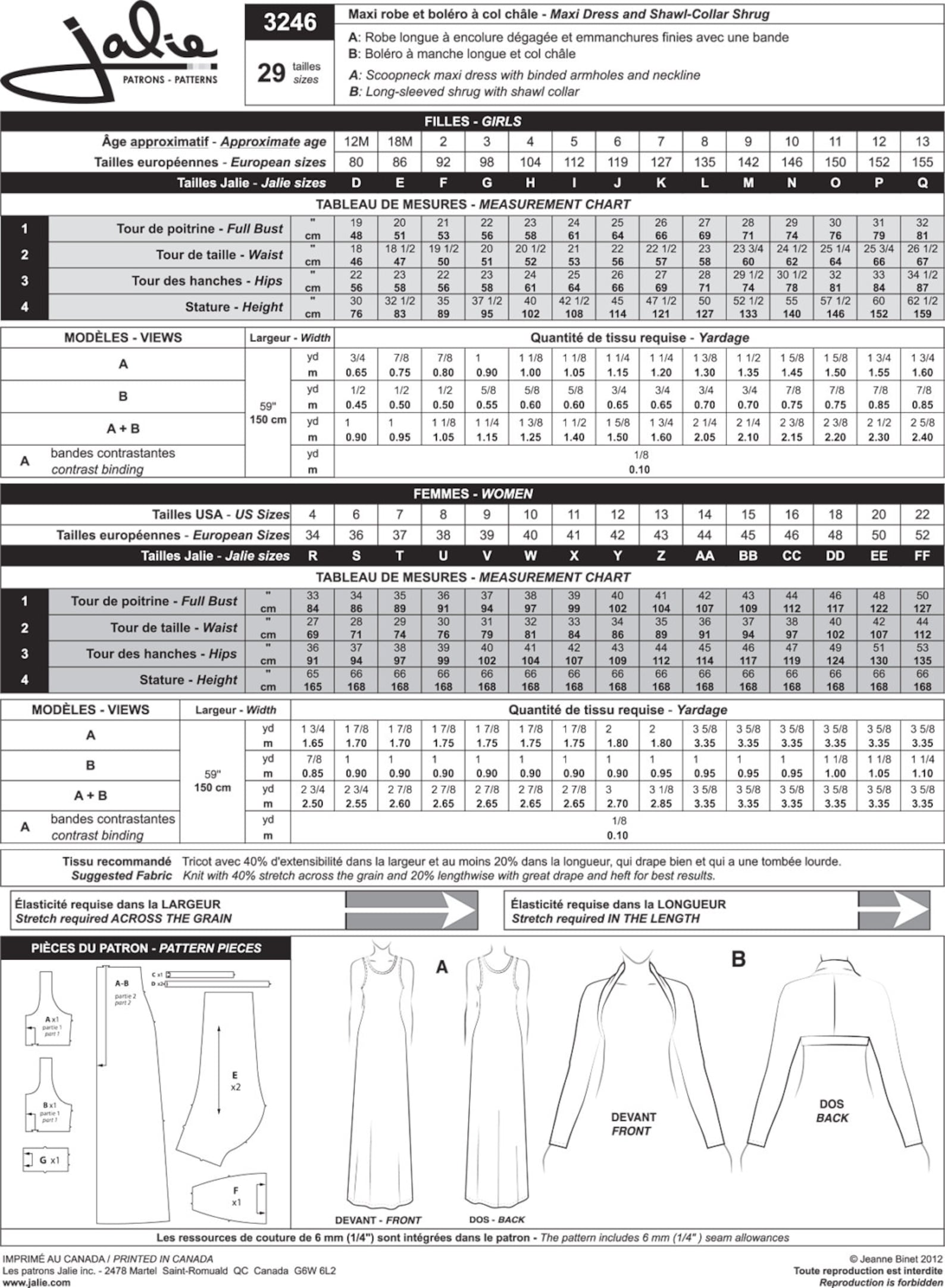 Jalie Maxi Dress and Shawl Collar Shrug Sewing Pattern # 3246 in 29 ...