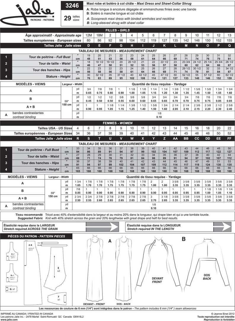 Jalie Maxi Dress and Shawl Collar Shrug Sewing Pattern # 3246 in 29 ...
