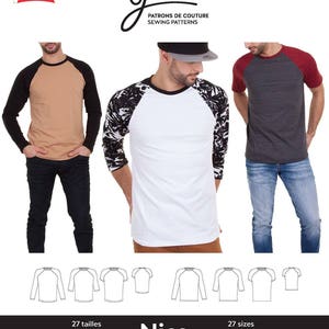 May include: A sewing pattern for a baseball tee shirt called "Nico" by Jalie. The pattern is available in 27 sizes for boys and men. The pattern is drafted and printed in Canada. The pattern number is 3669.