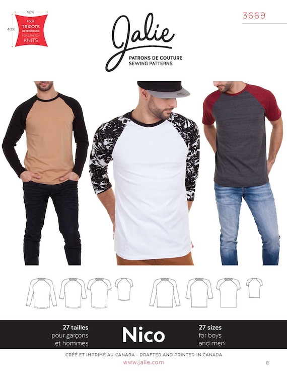 Jalie 3669 Nico Men's & Boys' Raglan Tee Shirt Short, 3/4 and Long Sleeves  Sewing Pattern