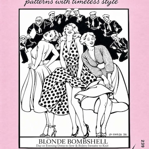 May include: A Folkwear pattern 239 envelope with a pink background featuring a black and white illustration of three people in dresses and a bolero sweater, surrounded by sailors. Text includes "FOLKWEAR", "BLONDE BOMBSHELL", and "239".