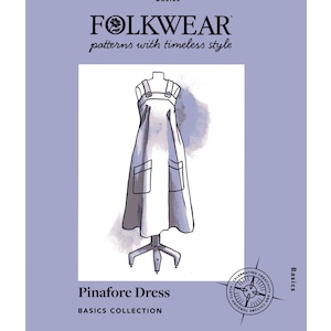 May include: A sewing pattern for a pinafore dress from the Basics Collection. The illustration shows a white dress with two front pockets and adjustable straps on a mannequin. The Folkwear logo and text are at the top.
