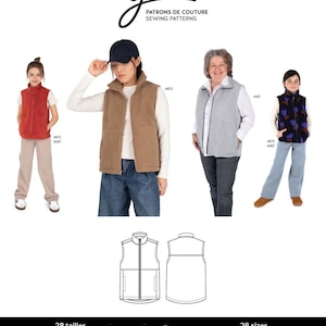 May include: Jalie 4670 Andreanne sewing pattern for a zip-up vest. The image displays four individuals wearing different versions of the vest in red, tan, grey, and a dark blue floral print. Includes technical line drawings of the front and back.