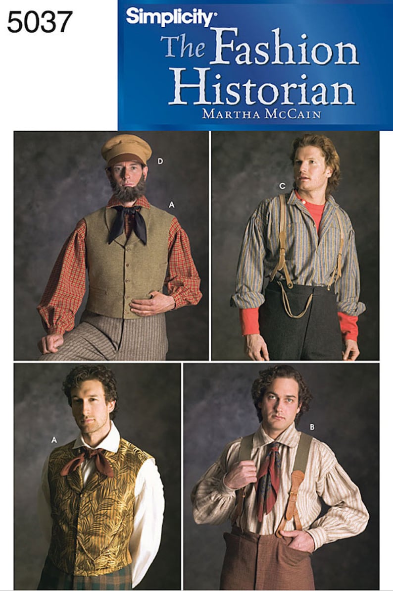 Men’s Vintage Reproduction Sewing Patterns     Mens Civil War Victorian Vest Suspenders & Mechanics Hat Costume Accessories - Simplicity Sewing Pattern # 5037 $14.95 AT vintagedancer.com