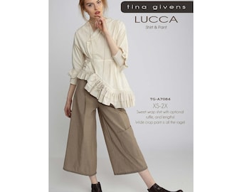 Tina Givens Lucca Asymmetrical Shirt Jacket & Wide Crop Pant sizes XS-2X Sewing Pattern # TG-A7084