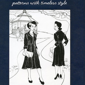 May include: Black and white illustration of two women wearing dresses in a park setting. The woman on the left is wearing a polka dot dress and holding a clutch. The woman on the right is wearing a plain dress. The text "Lindy Shirtdress" and "Folkwear patterns with timeless style" are visible. The number "247" is also visible.