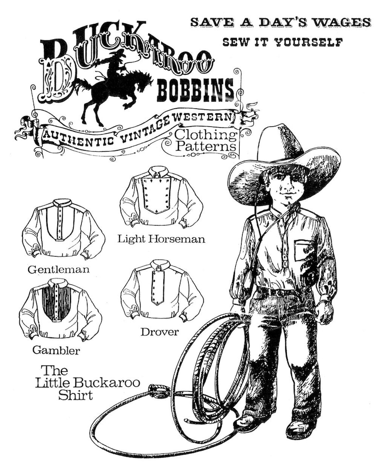 1940s Children’s Clothing: Girls, Boys, Baby, Toddler     Buckaroo Bobbins Boys Little Buckaroo Cowboy Western Shirt sizes 4-14 Sewing Pattern 5 Styles $8.95 AT vintagedancer.com