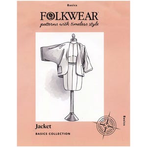 May include: A pattern for a jacket from the Folkwear Basics Collection. The cover features an illustration of a jacket on a mannequin. The jacket is white with a short, boxy shape. The background is a light peach color with text at the top and bottom.