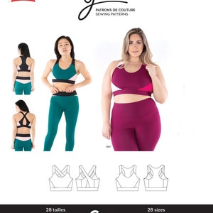 May include: A sewing pattern for a sports bra called "Coco" by Jalie. The pattern is available in 28 sizes for girls and women. The pattern includes instructions for making a sports bra with a criss-cross back.