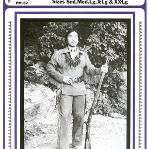 May include: A black and white photo of a man wearing a fringed shirt and pants, holding a rifle. The photo is framed with a purple border and a pattern of black and white triangles.
