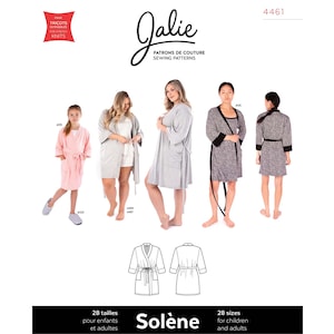 May include: Four women modeling different styles of robes. The robes are in pink, gray, and black and white patterns. The image includes the text "Jalie" and "Patrons de Couture Sewing Patterns".