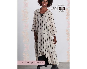 Tina Givens Sam Shirt sizes XS-2X Sewing Pattern #TG-A7087 Long Shirt with Optional Sleeve Ruffle & Pockets