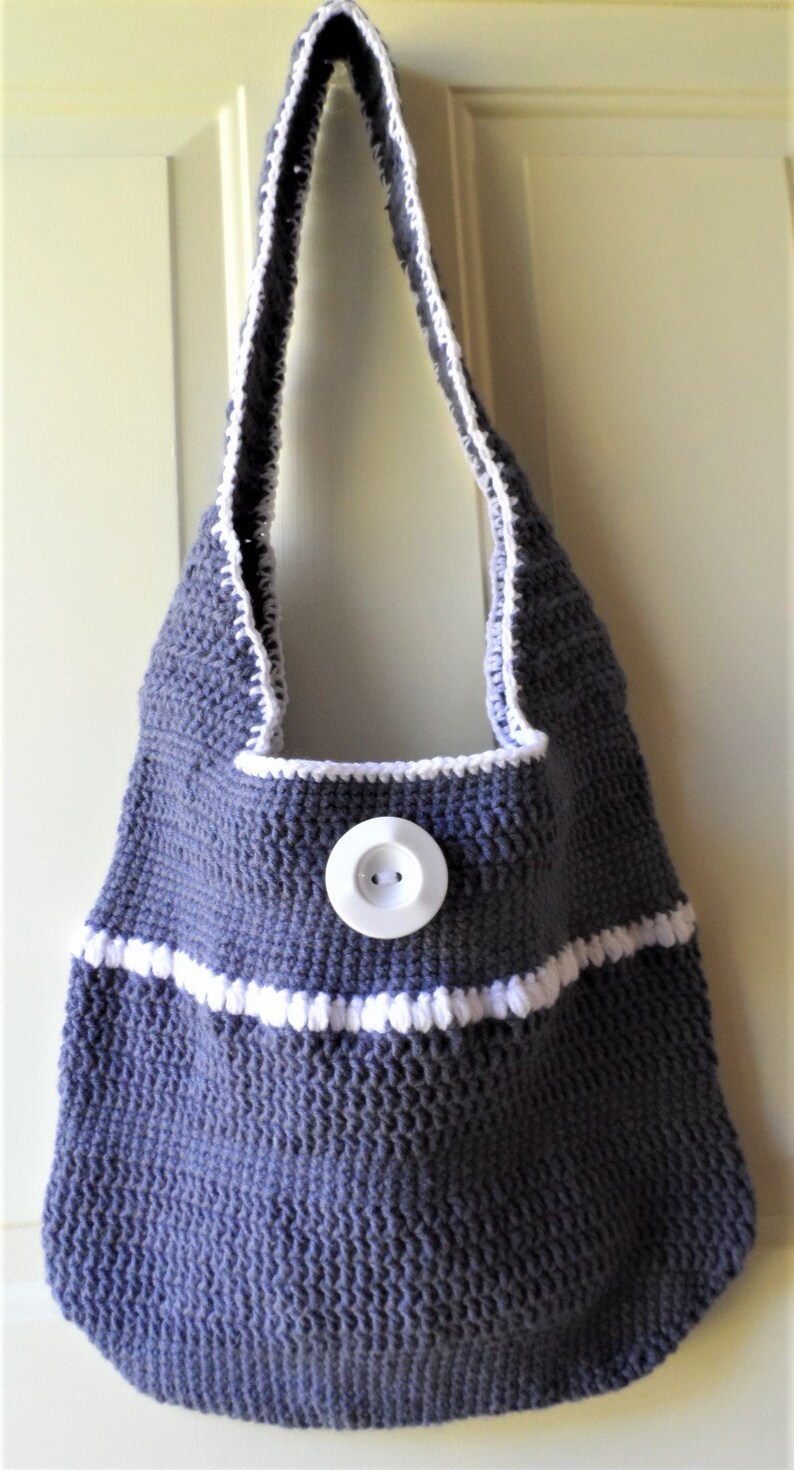 Crochet Tote in Gray Denim and White Trim