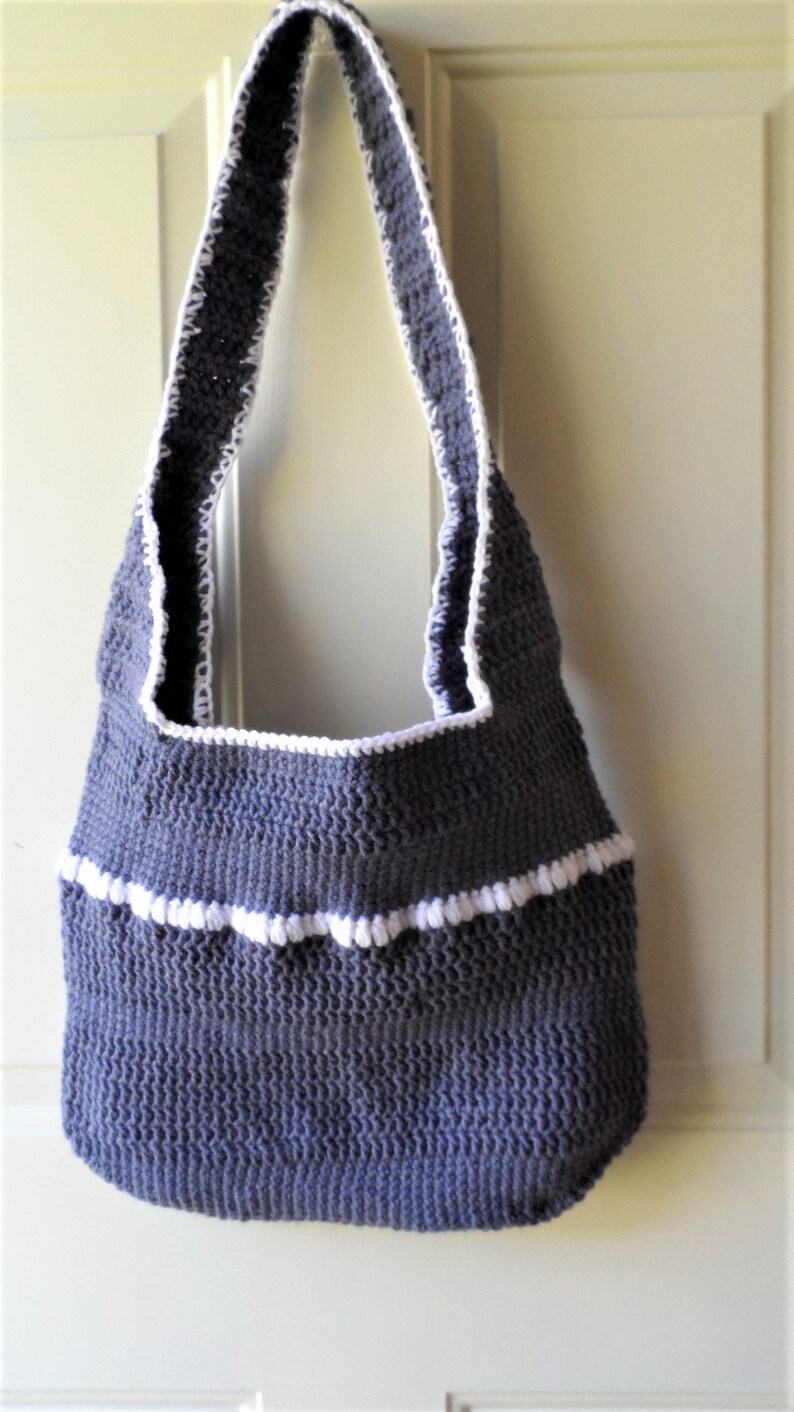 Crochet Tote in Gray Denim and White Trim
