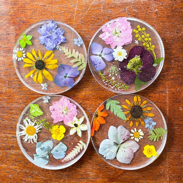 Set of Four Dried Floral and Resin Coasters