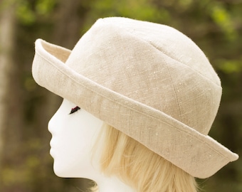 Women Linen Summer Hat Rolled Brim | Off White Wide Upturned Brim | Diane Keaton Style Linen Sun Hat | Cape Breton Bucket Hat Summer Cloche