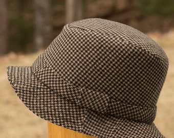 Brown Houndstooth Wool Fedora | Men's Winter Hat Size XL 24-5/8”