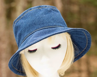 Womens Blue Denim Summer Bucket Hat | Hippie Boho Beach Jeans Hat | Festival Denim Hat | Brimmed Sun Hat | Indigo Blue Canvas Chambray Hat