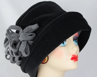 1920s Retro Black Cloche w Upturn Brim | Black Fleece Rolled Brim Winter Hat w/ Oversize Floppy Flower or Silver Starburst Rhinestone Brooch