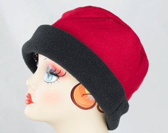 Womens Red Wool Pillbox Hat Trimmed in Black Fleece | Cloche Hat with Black Cuffed Brim | Warm Red Winter Hat, Flannel Lined