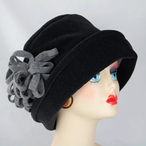 1920s Retro Black Cloche w Upturn Brim Black Fleece Rolled Brim Winter Hat w/ Oversize Floppy Flower or Silver Starburst Rhinestone Brooch image 1