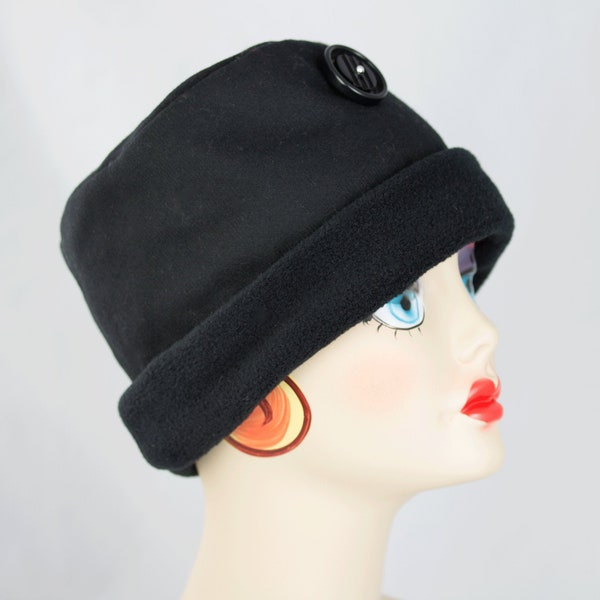 Black Wool Winter Hat with Rolled Cuff Fleece Brim | Pillbox Cloche | Black Watch Plaid Pillbox | Tartan Silk Lined Little Black Hat