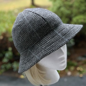 English Walking Hat in Gray Wool Tweed | 6 Panel Short Brim Bucket Hat in Dark Grey Wool Plaid