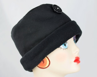 Black Wool Winter Hat with Rolled Cuff Fleece Brim | Pillbox Cloche | Black Watch Plaid Pillbox | Tartan Silk Lined Little Black Hat