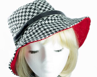 Womens Fedora in Black and White Houndstooth and Lined in Red | Wide Brim Black & White Check Hat | Alabama Houndstooth Plaid