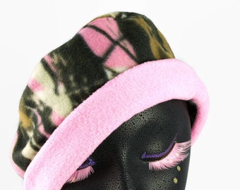 Women's Pink Camo Fleece Beanie Hat |  Slouchy Polar Fleece Hat | Winter Camo Chemo Cap | Pink Camouflage Outdoor Sports Hat