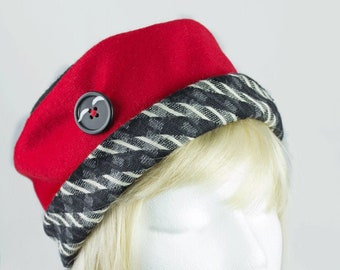 Red Wool Pillbox Hat with Cuff Brim | Women's Winter Cloche with Checked Brim and Warm Fleece Lining | Red Wool Church Hat | Upcycled Hat