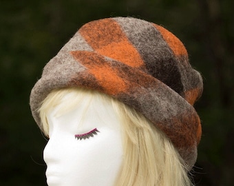 Orange and Gray Wool Plaid Pillbox Hat with Rolled Cuff Brim | Pumpkin Plaid Winter Cloche Hat | Felted Wool Beanie with Fleece Liner