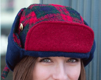 Red Plaid Lumberjack Hat with Ear Flaps | Winter Trapper Hat | Red Plaid Winter Cap | Aviator Bomber Hat | Camp Hat