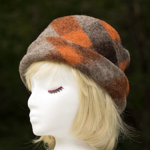 Orange Gray Plaid Wool Pillbox Hat: Fleece Lined Winter Cloche
