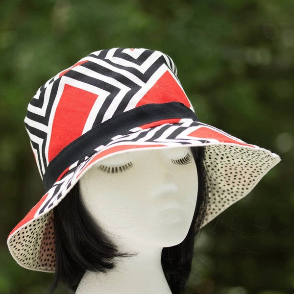 Reversible Cotton Summer Hat in Abstract Red Black & White, Black Polka Dots on Neutral Off White | Bucket Sun Hat with Grosgrain Hatband