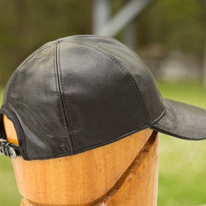 Black Leather Baseball Cap with Adjustable Strap Back 6 Panel Hat with Top Stitching in Genuine Leather Black Cap Brimmed Visor Cap image 3