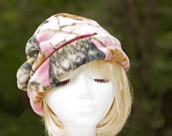 Pink Camo Fleece Beanie | Women's Camouflage Hunting Cap | Pink Tan Brown Fleece Hat with Rolled Cuff Brim | Skiing Camping Hat | Chemo Hat