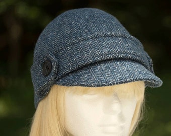 Herringbone Cycling Cap with Short Brim | Blue Green Biking Cap in Herringbone Tweed | Teal Wool Kepi 6-Panel Hat