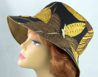 Womens Summer Hat in Brown Black Tan Tropical Print | Reversible Cotton Bucket Hat | Rain Resistant