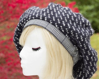 Slouchy Tam Beret Hat in Norwegian Birdseye Knit | Navy Blue Bulky Sweater Knit | Norwegian Birdseye Women's Winter Hat | Chunky Knit