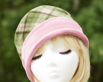 Pink & Green Wool Pillbox Hat with Fleece Roll Up Brim | Women's Winter Hat in Green Plaid Wool | Scotch Plaid Wool Beanie with Cuff Brim