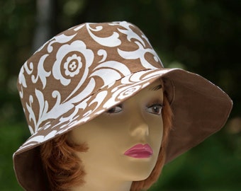 Reversible Cotton Summer Hat: Brown & White Swirls, Packable XXL